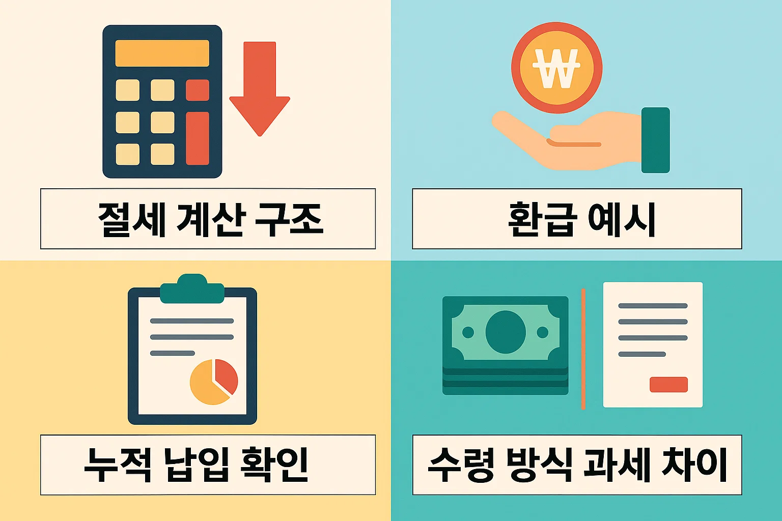 2025 연금저축 소득공제 환급 계산 방식, 누적 납입 확인, 환급 예시, 수령 방식별 과세 차이 등을 시각적으로 쉽게 이해할 수 있도록 정리한 절세 구조 인포그래픽