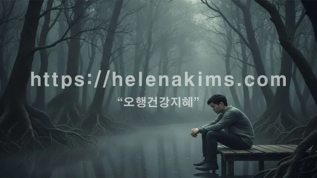 어두운 냇가에 남성이 홀로 앉아 있는 모습.