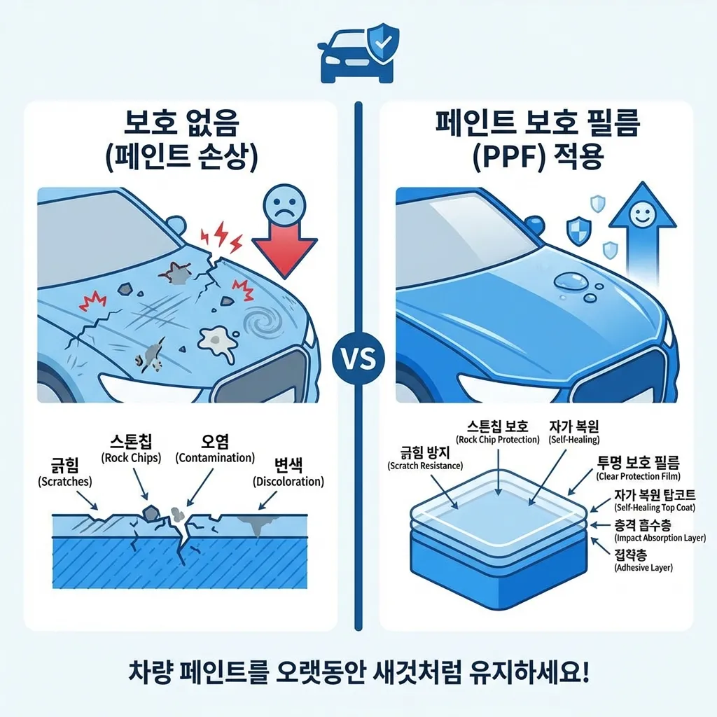 PPF 시공 전후 도장면 스톤칩 보호 효과 비교 이미지