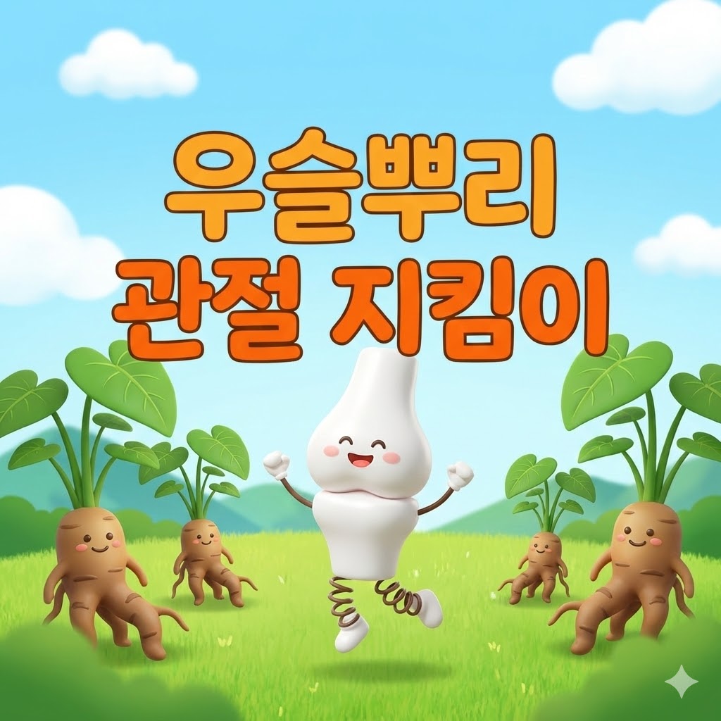 활기찬 모습의 귀여운 무릎 관절 캐릭터가 우슬뿌리 식물들 사이에서 뛰어노는 모습, 우슬뿌리 관절 지킴이라는 문구가 포함된 3D 카툰 일러스트
