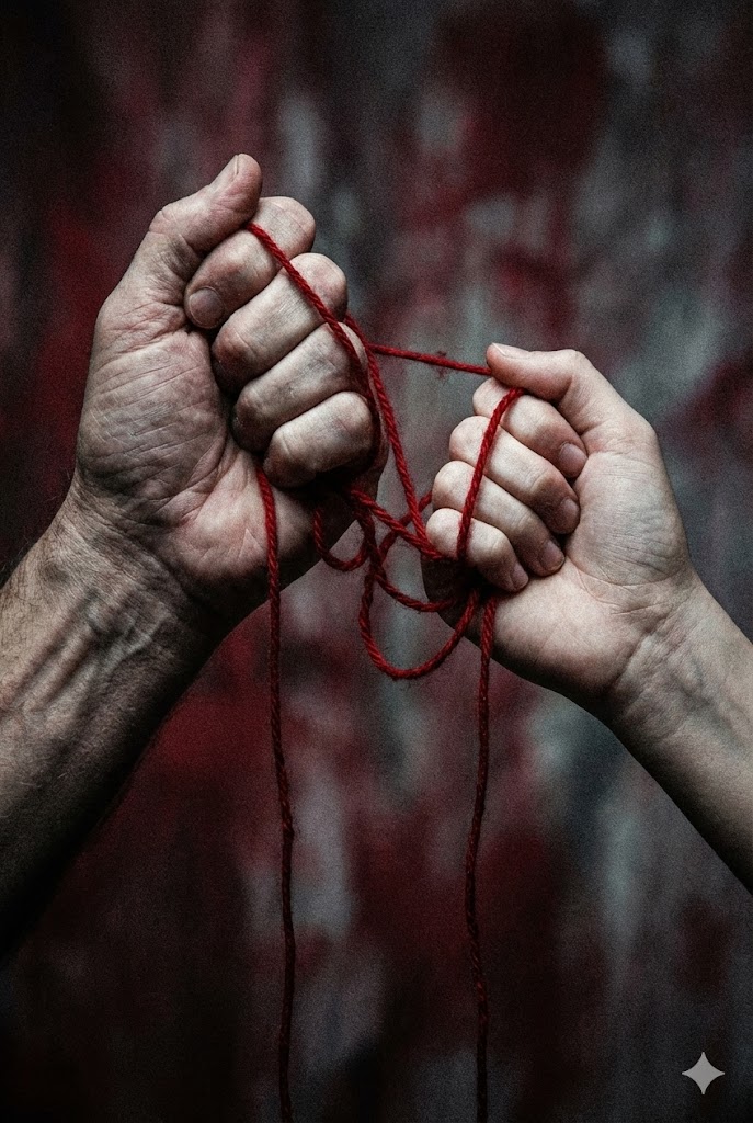 공식 포스터 중 붉은 실로 얽혀 있는 두 사람의 손 이미지