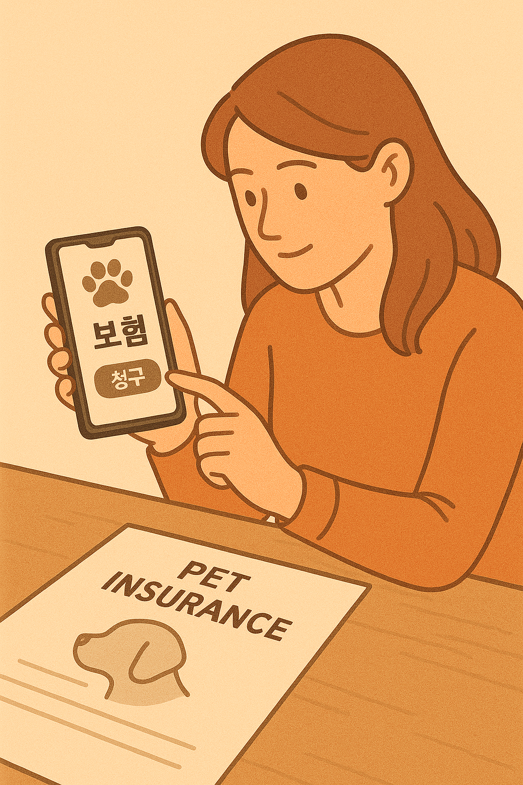 반려동물 보험 청구 앱을 스마트폰으로 확인하는 보호자와 펫보험 계약서를 묘사한 감성 일러스트 이미지
