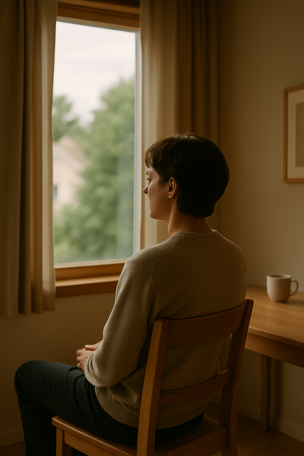 나의 말:
창밖을 바라보며 조용히 앉아 있는 사람, 루틴에 실패한 날에도 평온한 분위기의 공간
창밖 응시, 고요한 표정, 따뜻한 실내