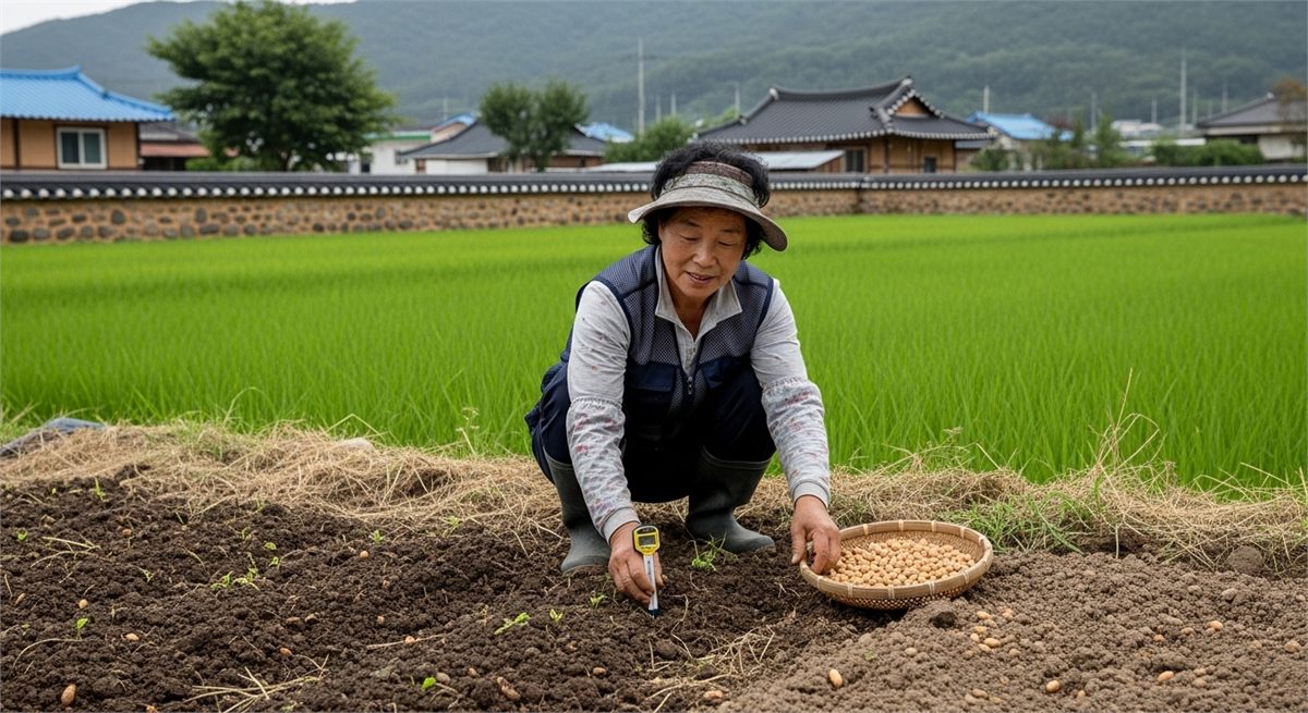 작은 밭에서 땅콩 파종 시기를 살피는 한국인 가드너의 모습 