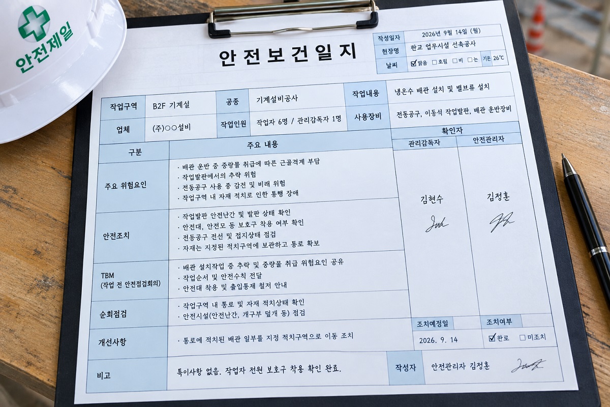 건설현장 안전보건일지 작성 예시