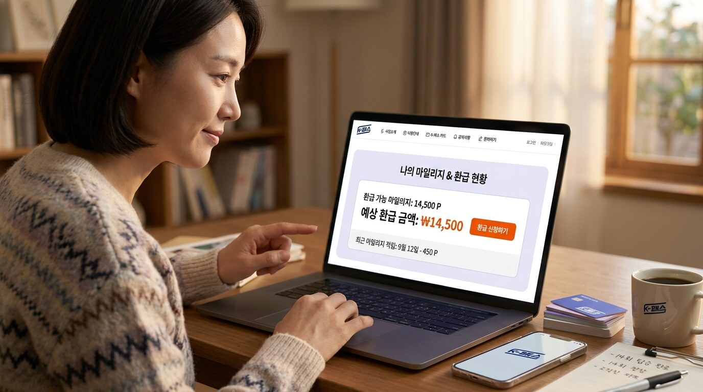 K-패스 앱에서 모두의 카드 대중교통 100% 환급액을 조회하는 노트북 화면