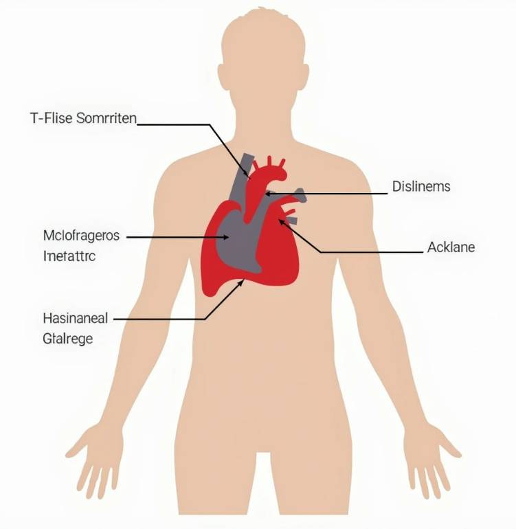심근경색의 주요 증상을 나타내는 인체 일러스트레이션. 각 증상이 발생하는 부위가 표시되어 있습니다
