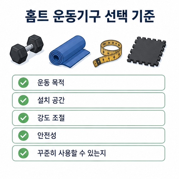 홈트 운동기구를 고를 때 운동 목적과 설치 공간, 강도 조절, 안전성, 사용 빈도를 확인해야 함을 설명한 이미지
