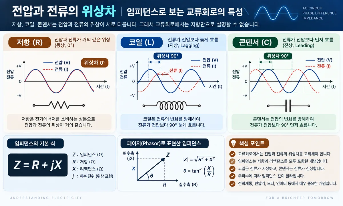 저항 코일 콘덴서에서 전압과 전류의 위상차를 비교한 임피던스 인포그래픽