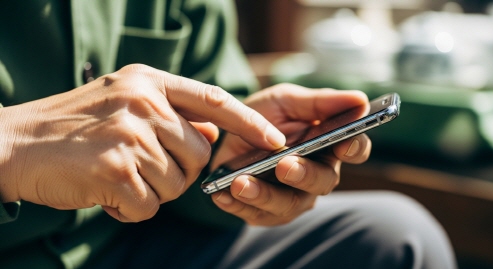 스마트폰을 낯설게 다루는 노인 손 클로즈업