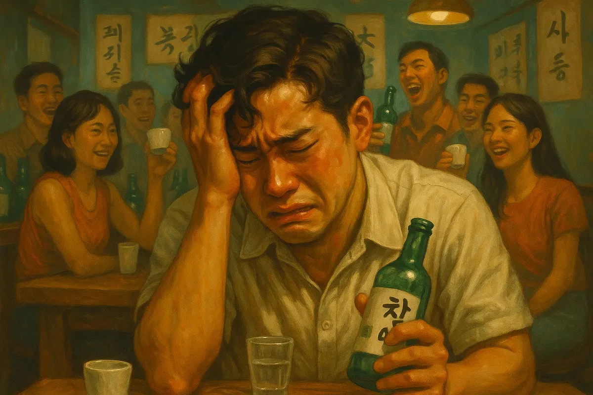 알코올 의존과 한국 음주 문화의 압박 속에서 갈등하는 사람의 모습