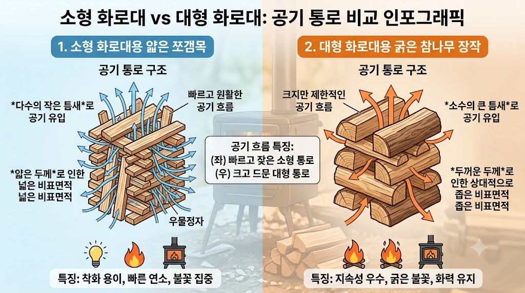 소형 화로대용 얇은 쪼갬목과 대형 화로대용 굵은 참나무 장작의 공기 통로 비교 인포그래픽