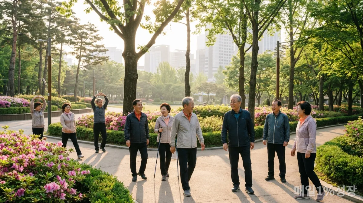 활기차게 산책하는 한국인 고령층의 모습