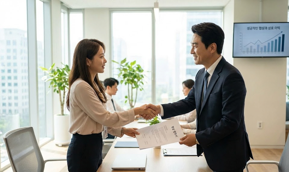 밝은 사무실에서 서류를 들고 상사와 웃으며 악수를 나누는 여성 직장인, 상사의 표정이 매우 긍정적이고 화기애애한 모습.