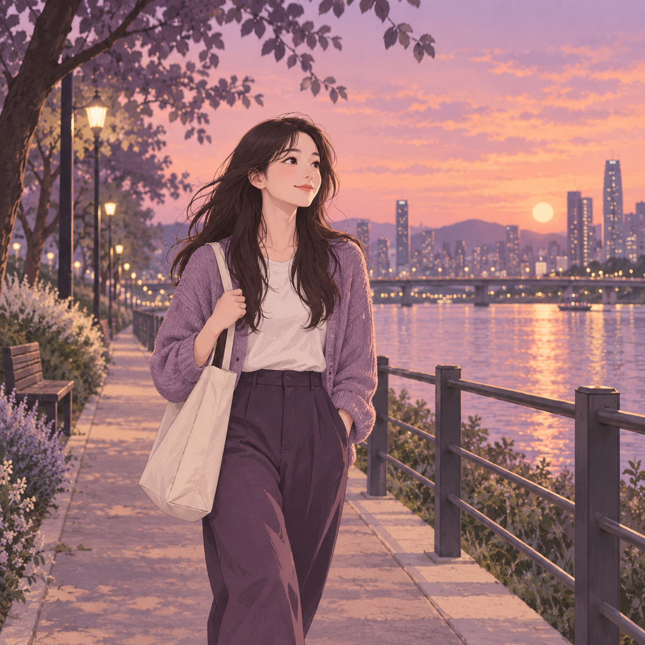 강변을 혼자 산책하며 자신의 시간을 보내는 여성