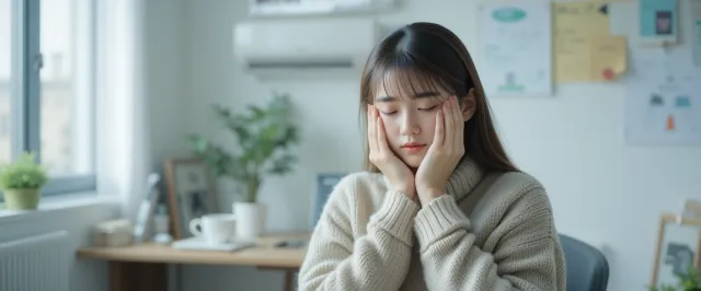 에어컨 바람에 장시간 노출되어 복부 불편함을 호소하는 사람의 장면