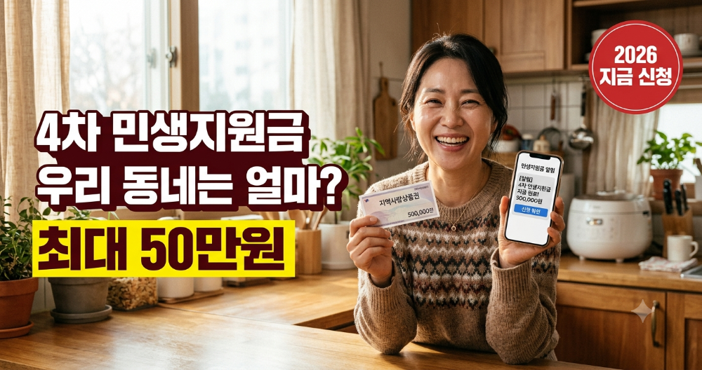 alt="4차 민생지원금 지역화폐를 손에 들고 기뻐하는 40대 주부"
