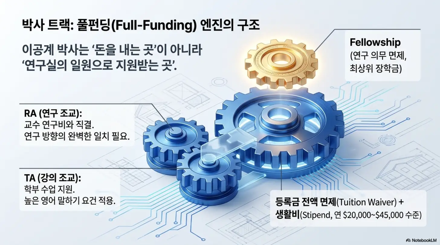  이공계 박사 풀펀딩의 구조를 맞물린 톱니바퀴로 표현한 인포그래픽. 등록금 전액 면제와 생활비 지원이 RA 연구 조교&amp;#44; TA 강의 조교&amp;#44; 펠로우십을 통해 어떻게 작동하는지 설명하는 이미지. 