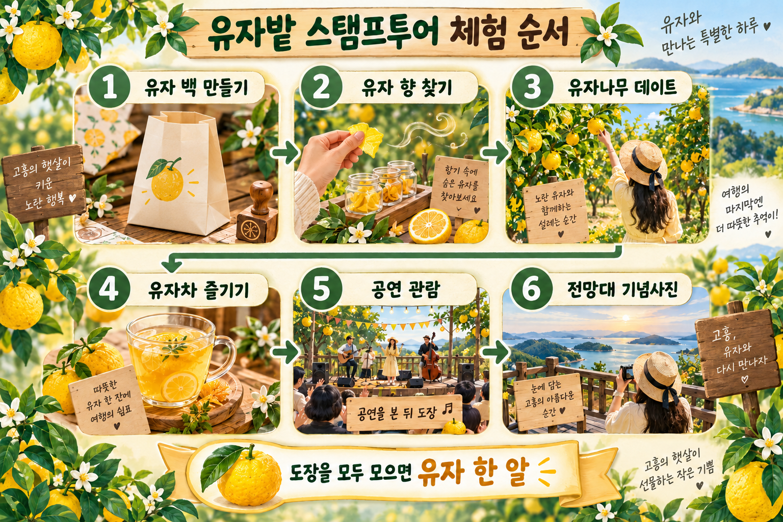 유자 백 만들기부터 향 찾기·유자나무·유자차·공연·전망대까지 여섯 체험 순서
