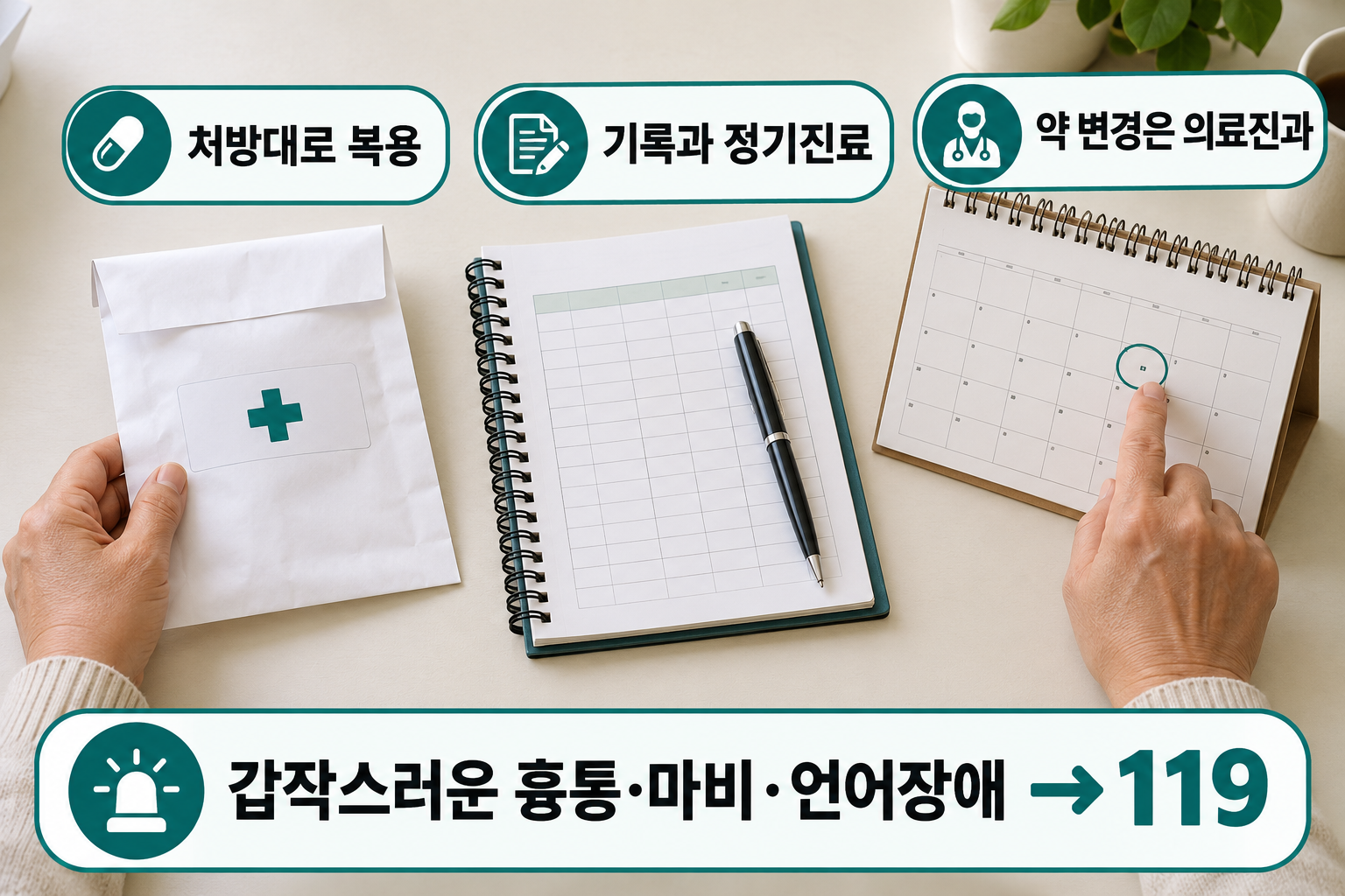 처방 정보·혈압 기록·진료 일정과 갑작스러운 응급증상 시 119 연락을 함께 정리한 구성