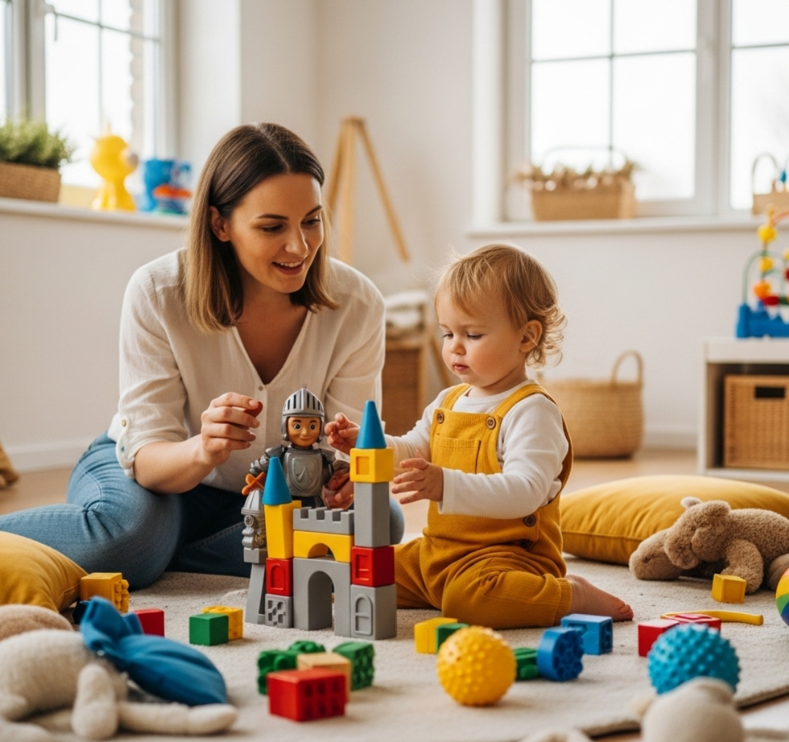 아이와 엄마가 블럭과 장난감을 갖고 놀고 있는 모습 사진
