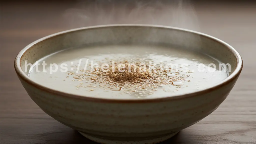 짙은 고소함이 느껴지는 따뜻한 들깨탕 클로즈업. 표면에 살짝 떠오른 들깨가루와 은은한 김이 편안하고 부드러운 온기를 더한 이미지.