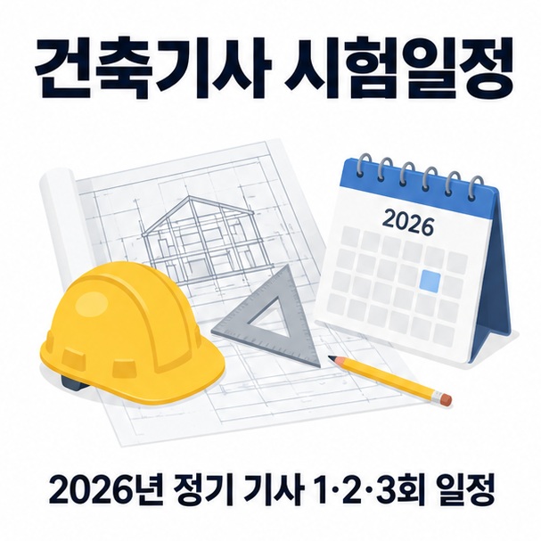 건축도면 안전모 달력과 시험 일정표를 배경으로 건축기사 시험일정이라는 글자가 중앙에 놓인 국가기술자격 인포그래픽
