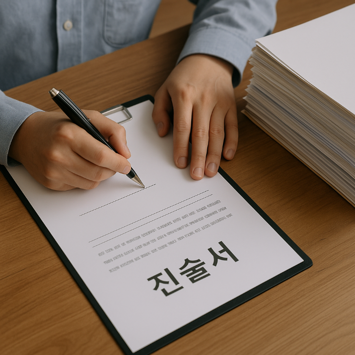 진술서에 서명하는 모습과 준비 서류 더미