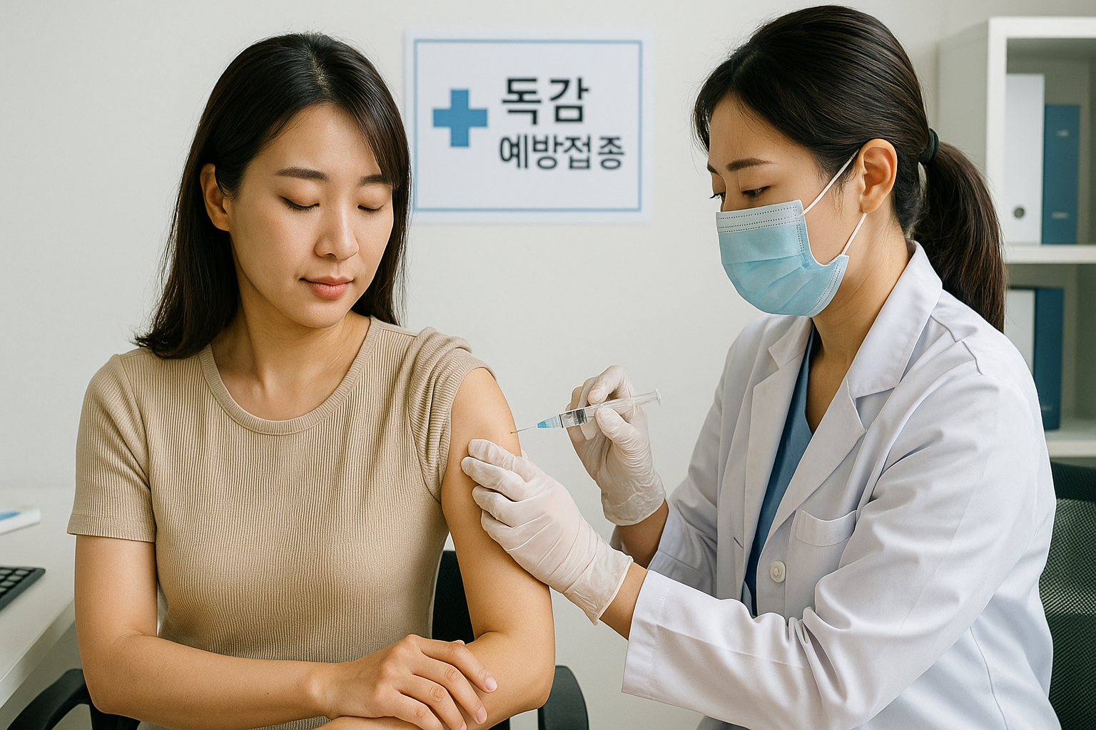 병원에서 독감 예방주사를 맞는 모습