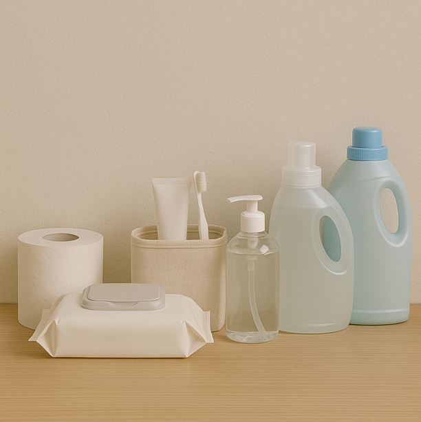 휴지, 물티슈, 세면도구, 손세정제, 치약과 칫솔, 세탁세제 등이 잘 구비된 사진