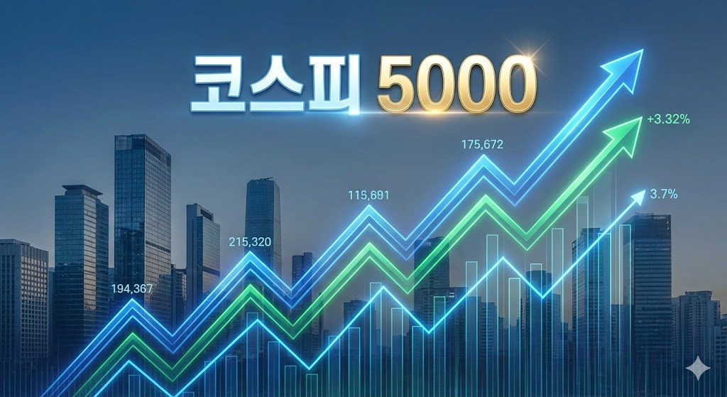 코스피 5000: 인포그래픽 스타일의 상승하는 코스피 지수 그래프