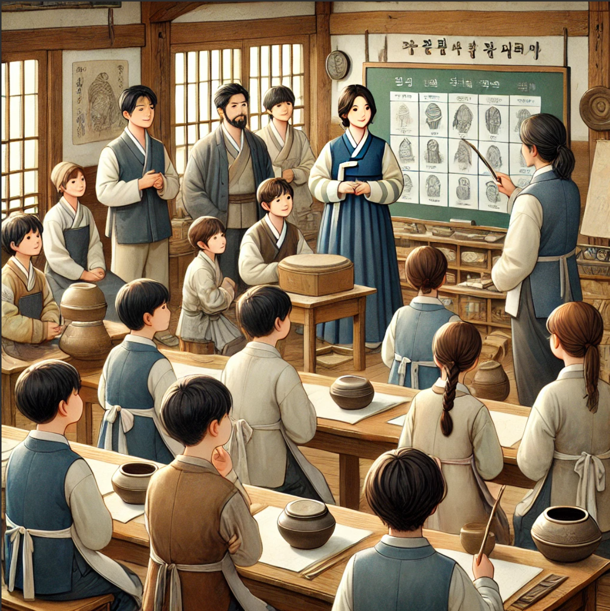 "과거 한국 수업 시간 선생님과 학생들"