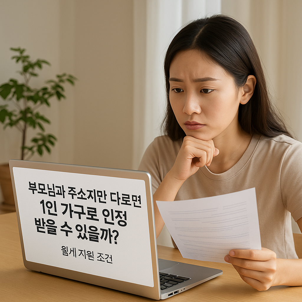 부모님과 주소지만 다른 청년이 1인 가구로 인정받을 수 있는지 월세 지원 조건을 확인하는 모습