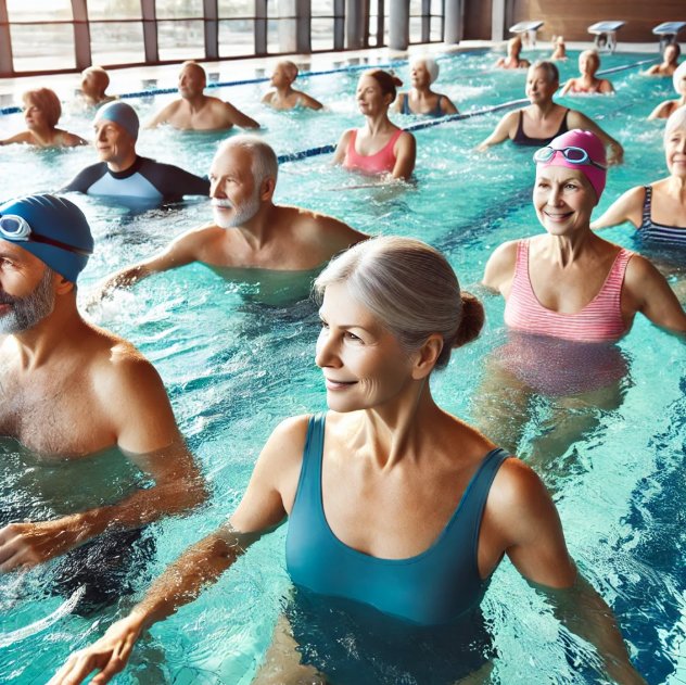 관절 건강을 위해 중년의 사람들이 수영을 하는 사진