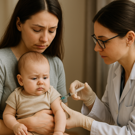아기가 예방접종 하는 사진