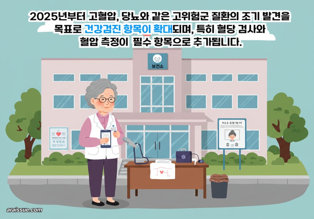 고령 여성이 공공 보건센터 앞에서 건강검진을 준비하는 모습으로, 2025년부터 고위험군 대상 검진 항목이 확대되어 고혈압, 당뇨 등의 조기 발견을 위한 강화된 검진 항목을 보여줍니다.