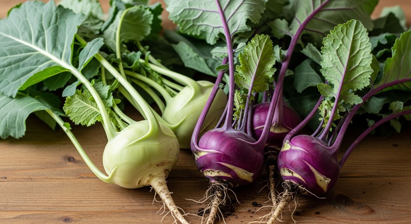 보라색 콜라비와 연두색 콜라비 수확 모습