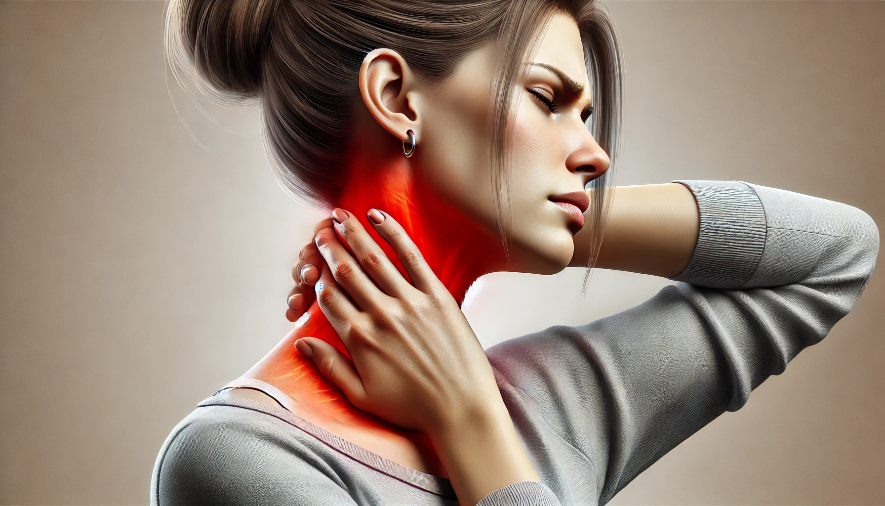 목 통증을 호소하고 있는 여성