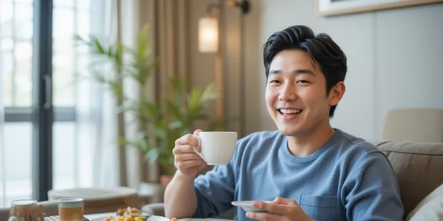 미지근한 차와 흰죽을 함께 놓아 소화를 돕는 식사 장면