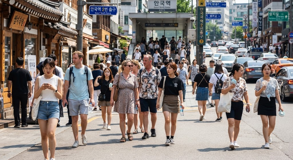 안국역 바깥으로 나와 거리를 걷고 있는 관광객들