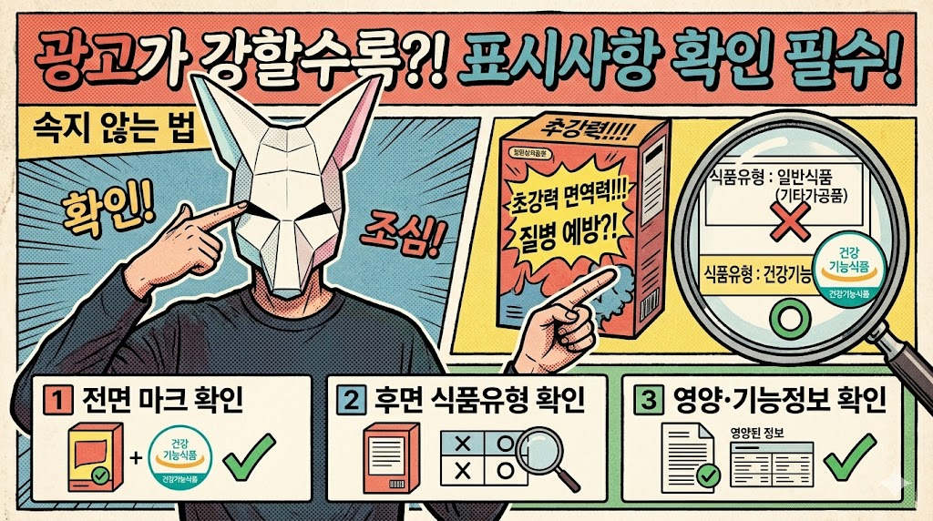 광고 문구가 강할수록 전면 마크&middot;후면 식품유형&middot;영양&middot;기능정보를 먼저 확인해야 한다는 내용을 담은 인포그래픽
