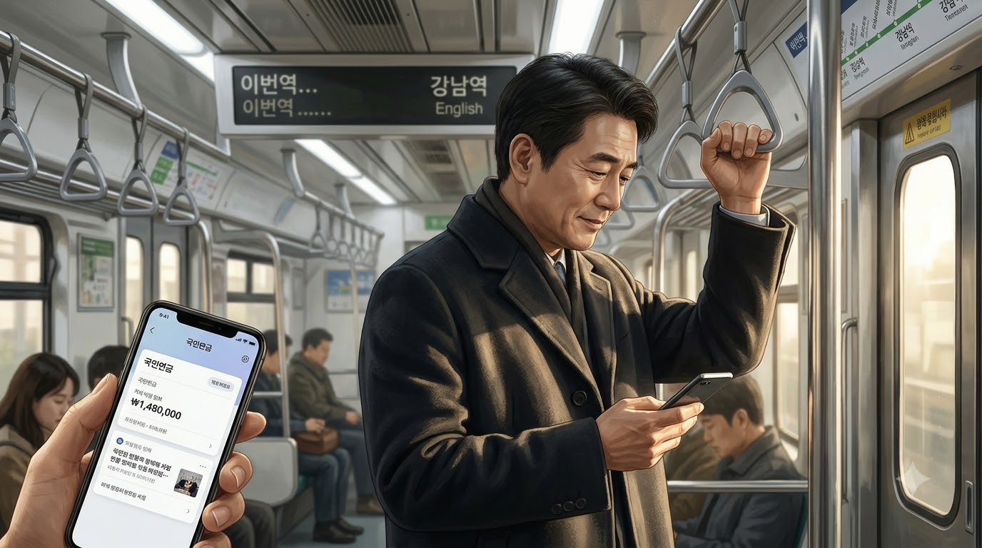 수요일 아침 출근길 지하철에서 휴대폰 속 선거 뉴스와 연금 계좌를 조용히 보기만 하는 50대 남성