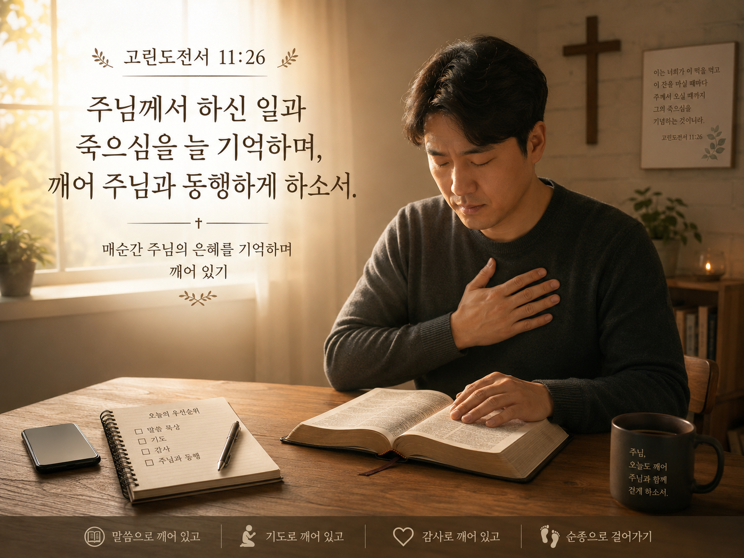 고전 11:26 말씀에서 내가 매순간 기억해야 하는 것은 주님께서 하신 일과 죽으심이 되어야 함을 묵상하게 되었고&amp;#44; 그러한 다양한 일들로부터 스스로 깨어있어서 주님과 동행하며 주님의 하신 일을 묵상하려는 시도를 하는 모습입니다.