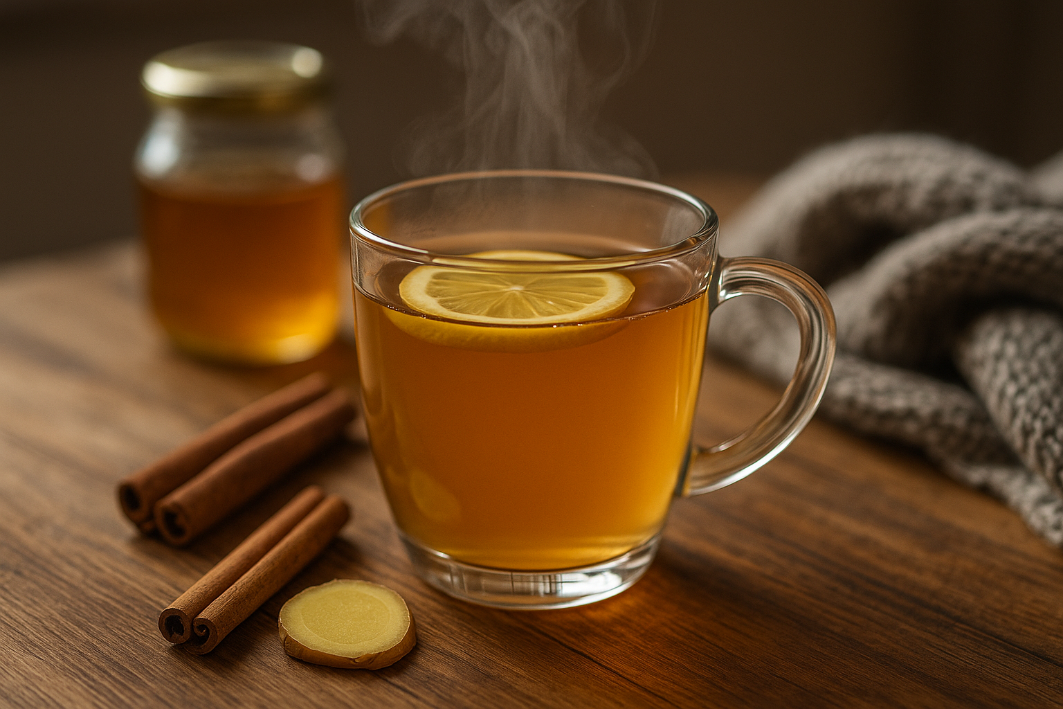겨울에 체온을 올려주는 따뜻한 생강차와 계피, 레몬이 놓인 우드 테이블 실사 사진
