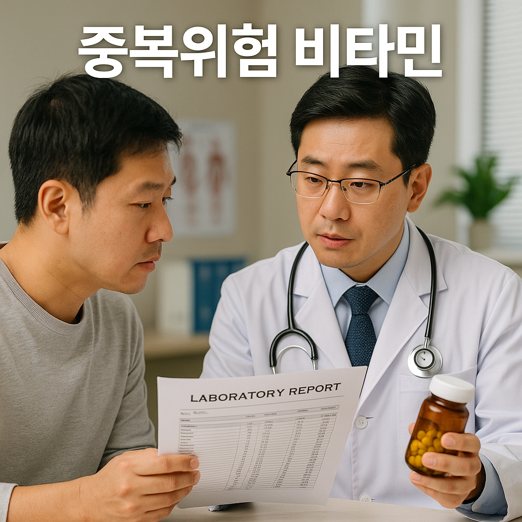 의사와 환자가 혈액검사 결과지를 보며 비타민 복용에 대해 설명하는 모습
