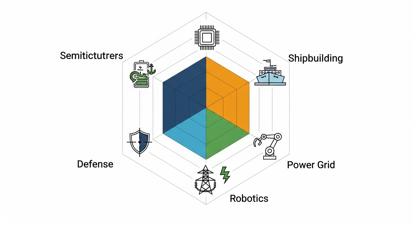 Hexagonal radar chart with icons for semiconductor, battery, shipbuilding, defense, robot, and power grid at each corner, showing a full graph.