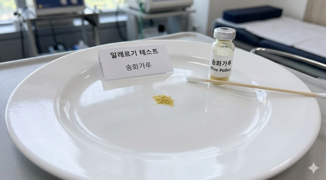 깨끗한 흰 접시 위에 아주 소량의 송화가루를 올려둔 알레르기 테스트 이미지