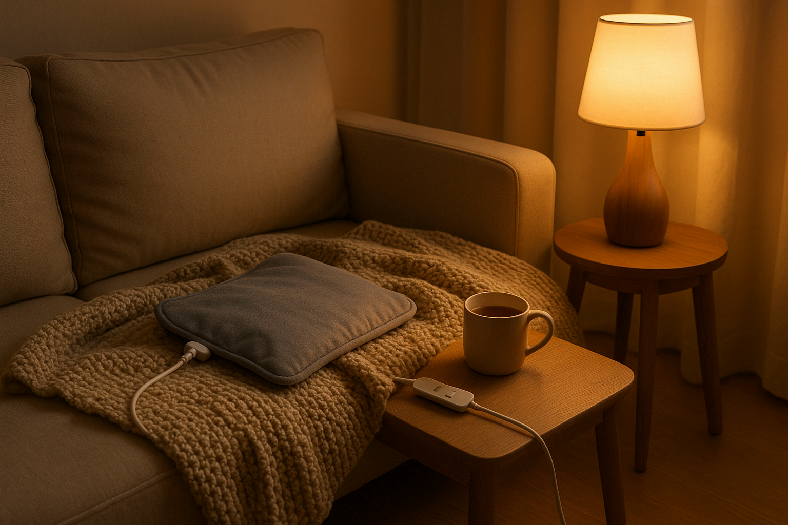 전기 찜질팩과 머그컵이 놓인 따뜻한 거실 휴식 공간