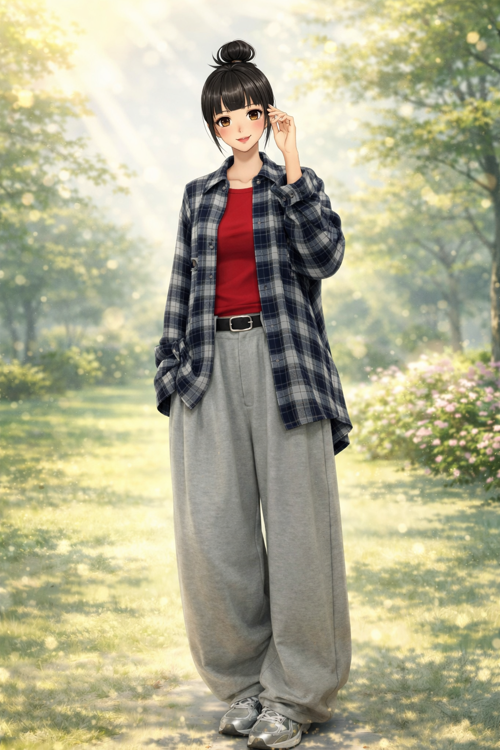 K-Fashion Check Wool Shirt With T Shirt And Pants Street Casual Outfit