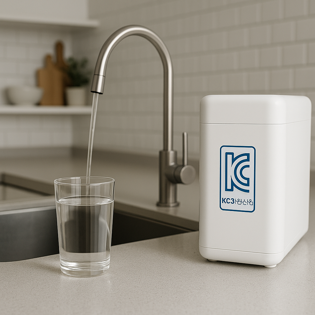 주방 싱크대에서 직수형 정수기와 물컵, 위생적으로 흐르는 수돗물